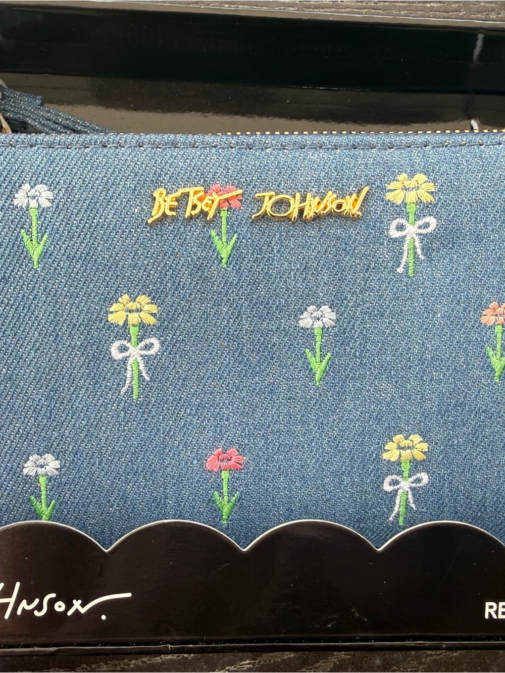 Betsey Johnson Denim Floral Embroidered Wristlet with Gold Logo